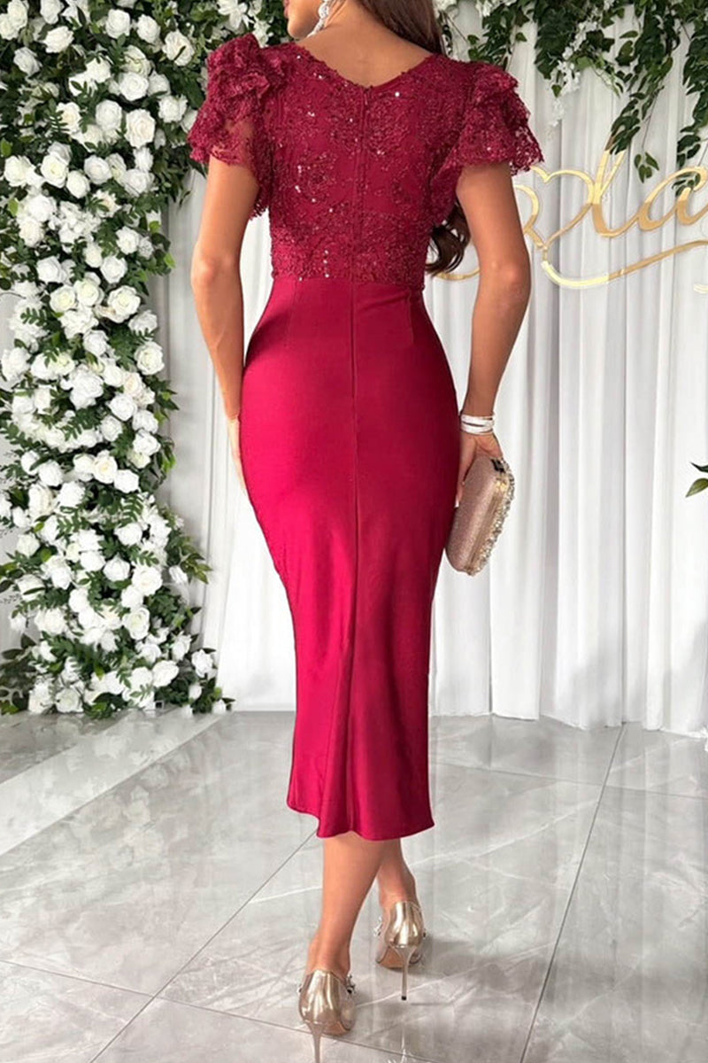 Vestidos elegantes de celebridades con lentejuelas sólidas y cuello en V doblado con falda cruzada