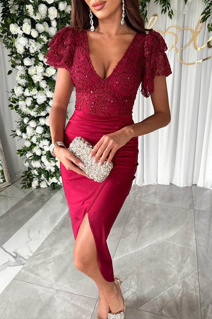 Vestidos elegantes de celebridades con lentejuelas sólidas y cuello en V doblado con falda cruzada