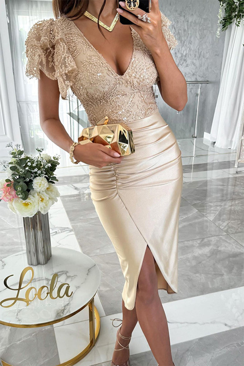 Vestidos elegantes de celebridades con lentejuelas sólidas y cuello en V doblado con falda cruzada