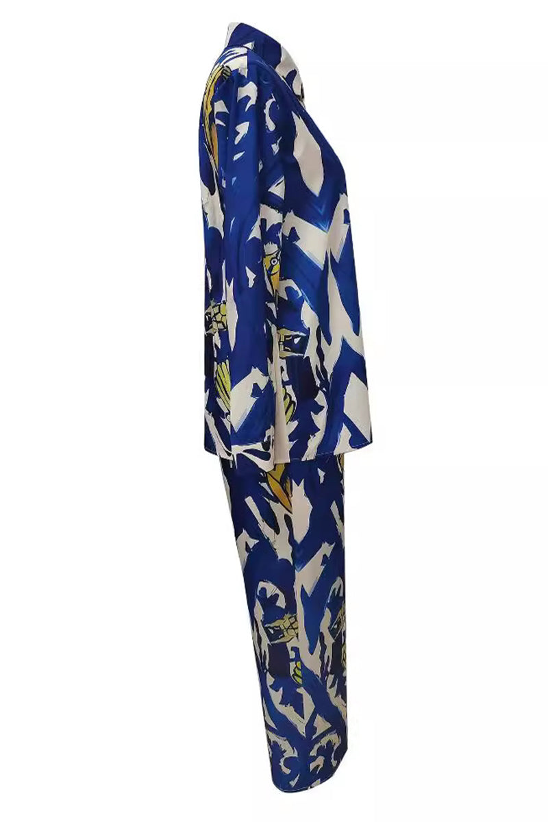 Casual Geometric Not Positioning Printed Pocket Turndown Collar Long Sleeve Two Pieces