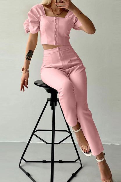 Conjunto informal de dos piezas con botones lisos, cuello cuadrado, manga corta (7 colores)