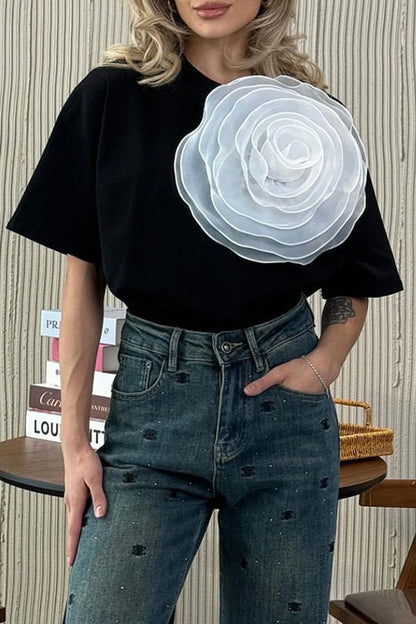 Camisetas casuales con cuello redondo y estampado floral liso (4 colores)