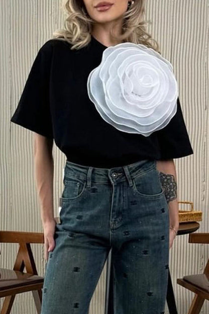 Camisetas casuales con cuello redondo y estampado floral liso (4 colores)