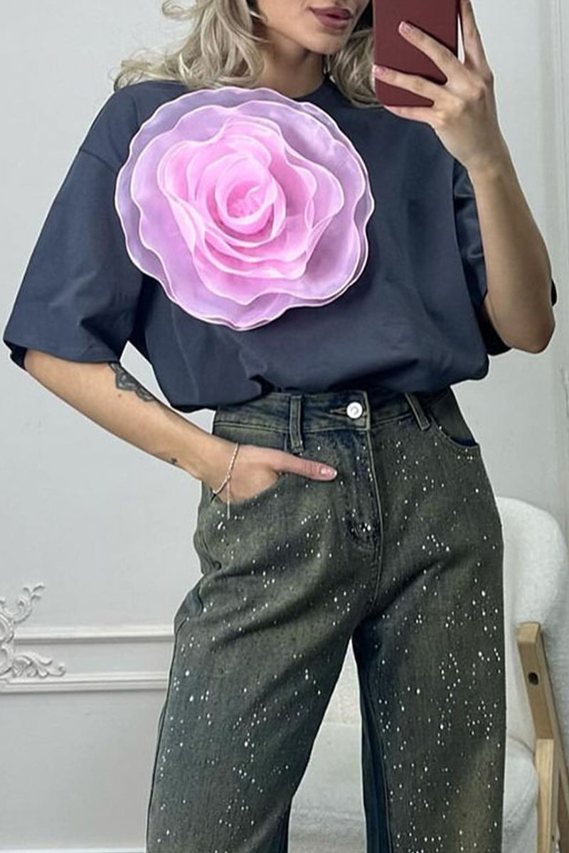 Camisetas casuales con cuello redondo y estampado floral liso (4 colores)