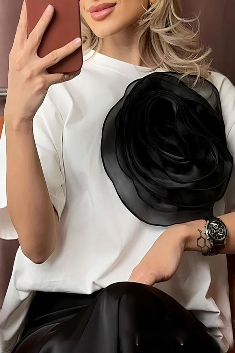 Camisetas casuales con cuello redondo y estampado floral liso (4 colores)