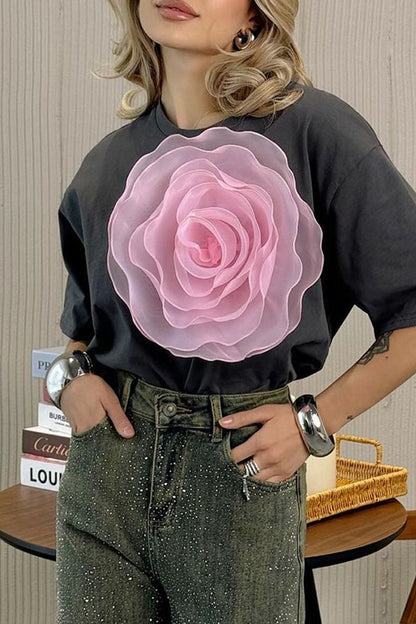 Camisetas casuales con cuello redondo y estampado floral liso (4 colores)