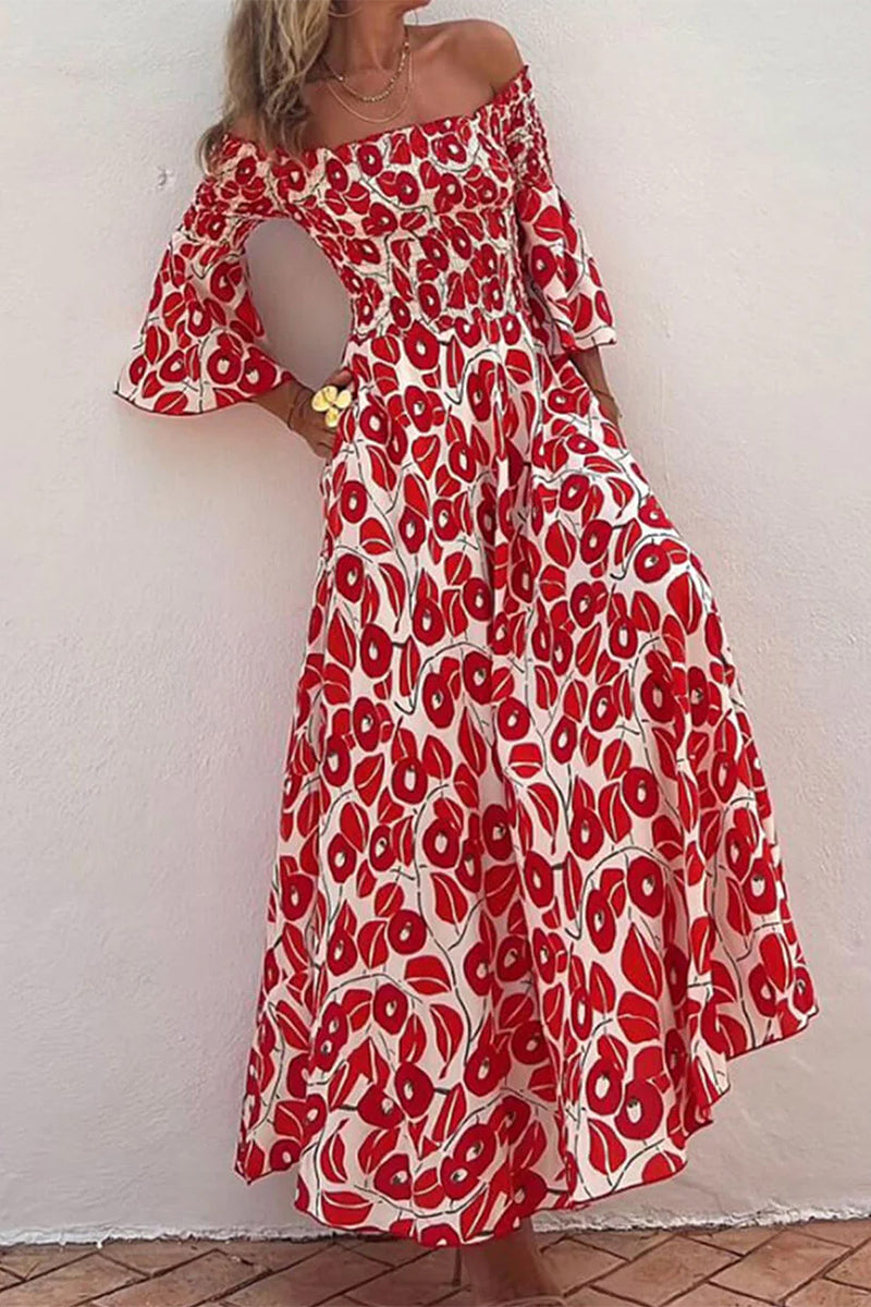 Elegante vestido de corte A con hombros descubiertos y bolsillos florales
