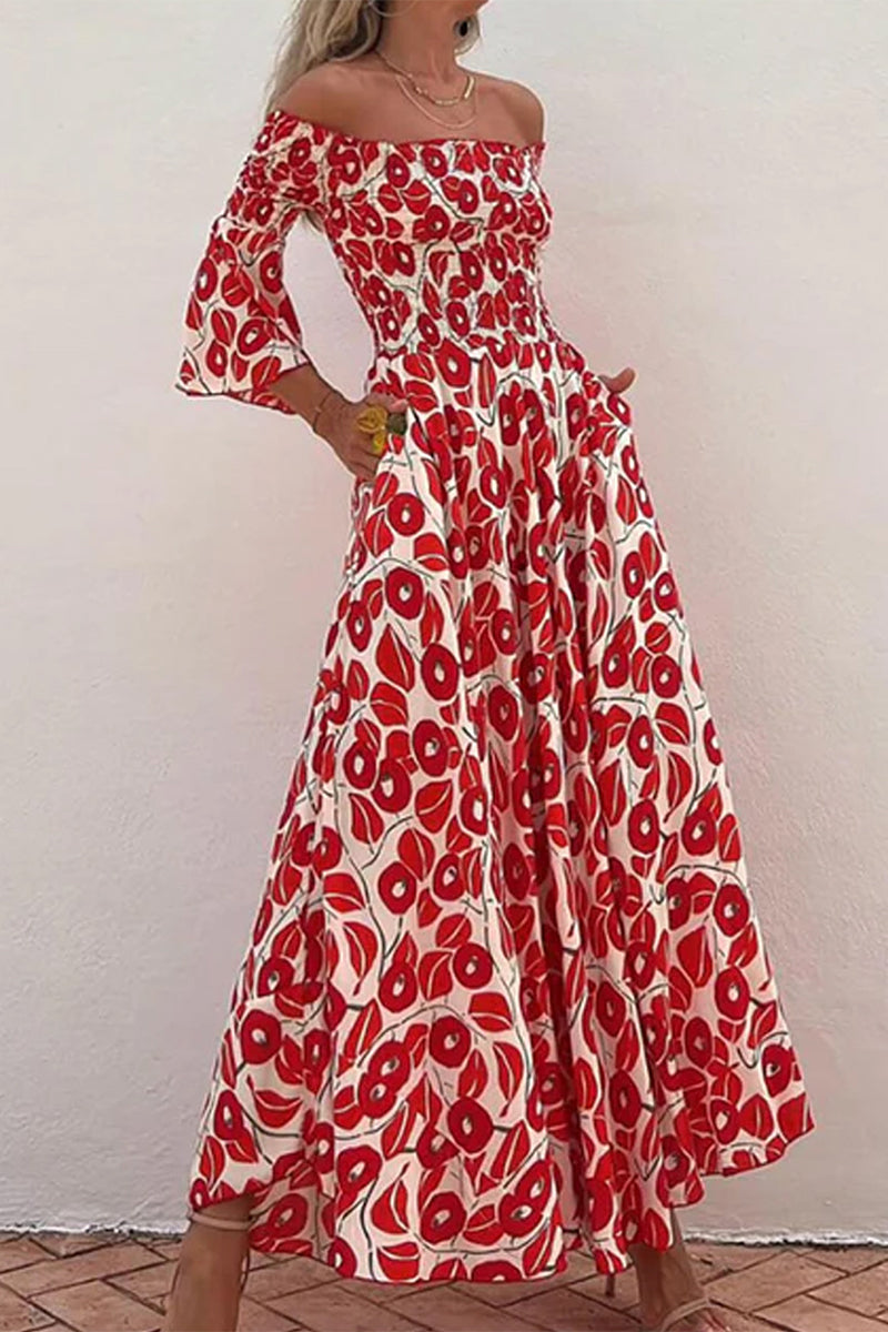 Elegante vestido de corte A con hombros descubiertos y bolsillos florales