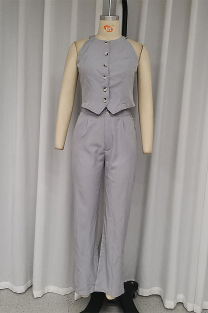 Conjunto informal de dos piezas sin mangas con cuello redondo, bolsillos sólidos y botones, estilo británico