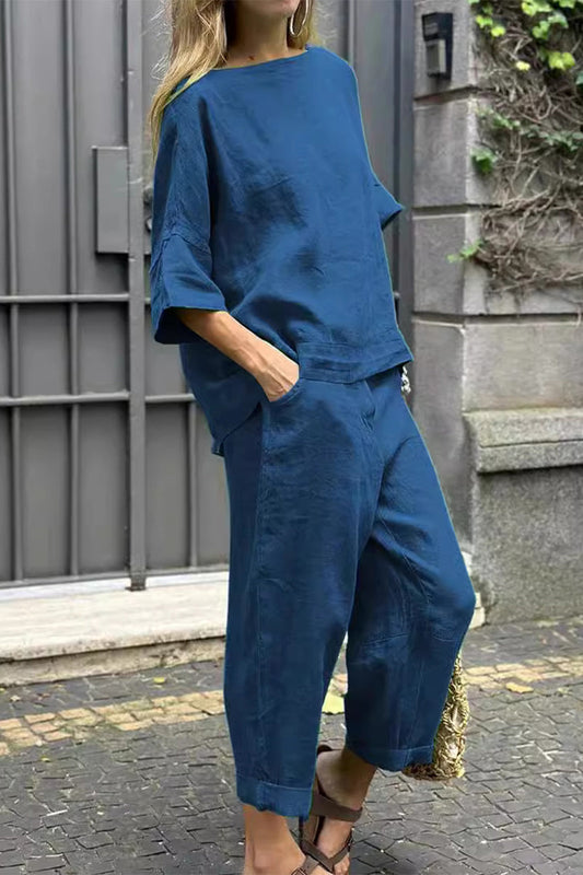 Conjunto informal de dos piezas, cuello redondo, bolsillo liso, tres cuartos (8 colores)