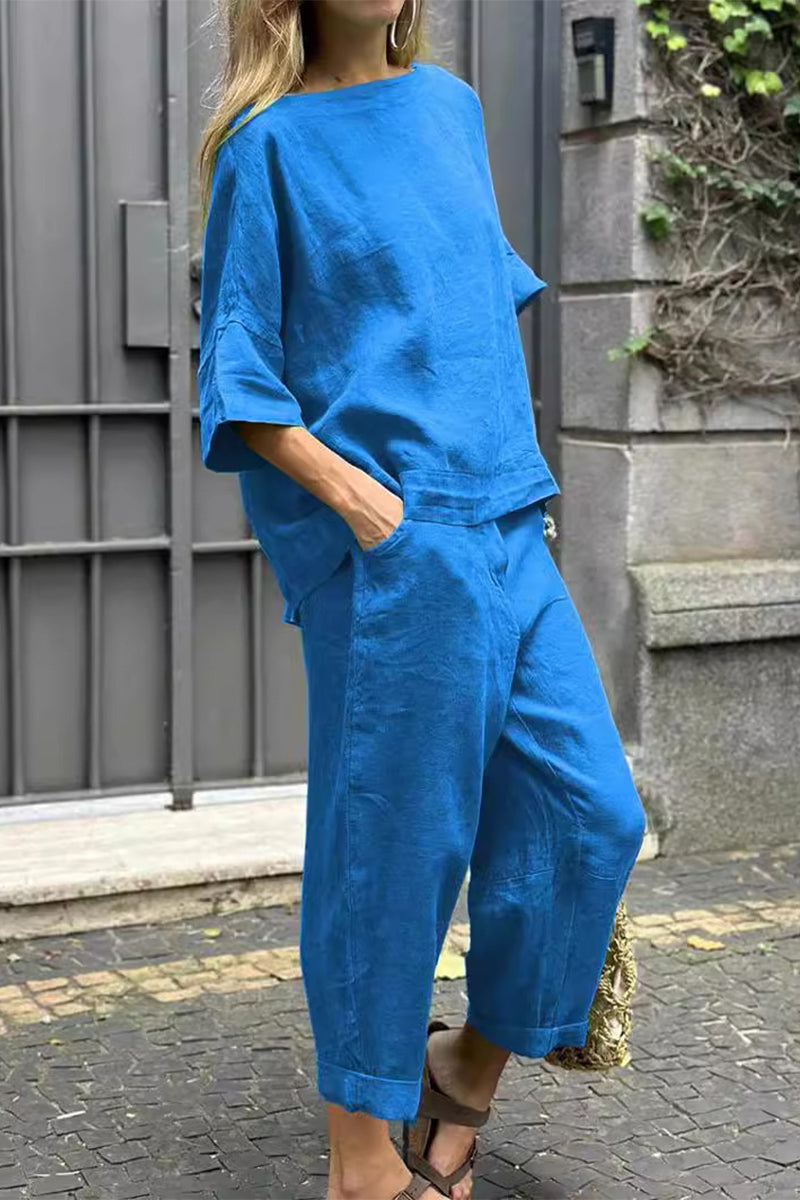 Conjunto informal de dos piezas, cuello redondo, bolsillo liso, tres cuartos (8 colores)