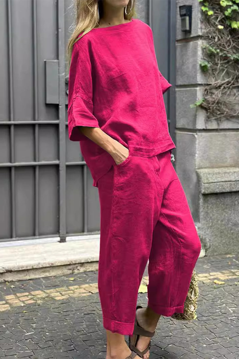 Conjunto informal de dos piezas, cuello redondo, bolsillo liso, tres cuartos (8 colores)