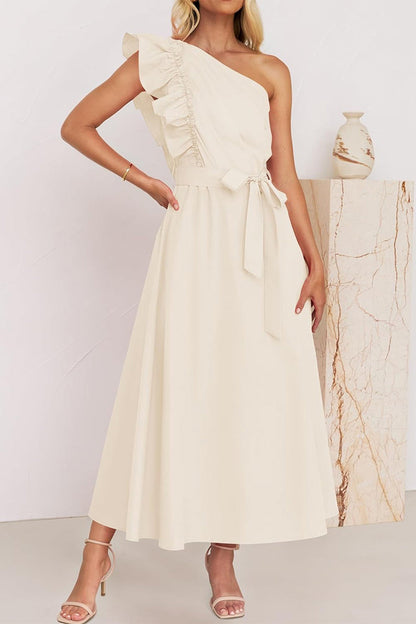 Sweet Elegant Solid Bandage Stringy Selvedge Oblique Collar A Line Dresses(5 Colors)