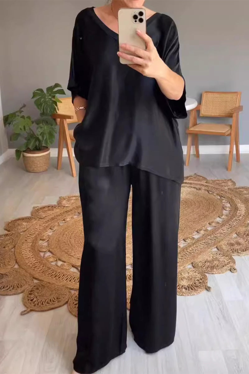Conjunto de dos piezas informal sencillo con cuello en V, manga corta y bolsillos sólidos