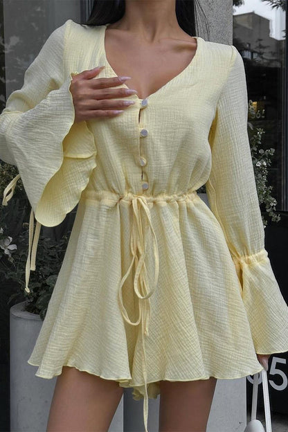 Elegant Solid Draw String Frenulum V Neck Rompers