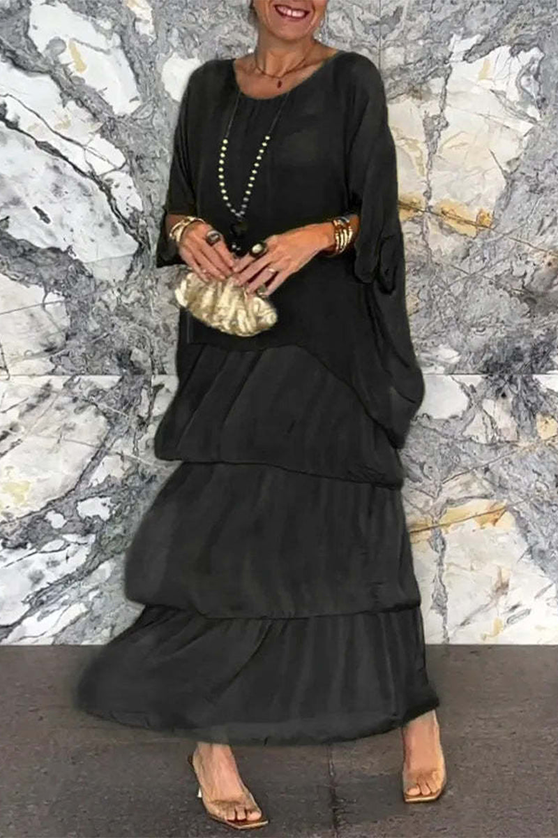 Elegantes vestidos irregulares con cuello redondo y volantes en contraste liso