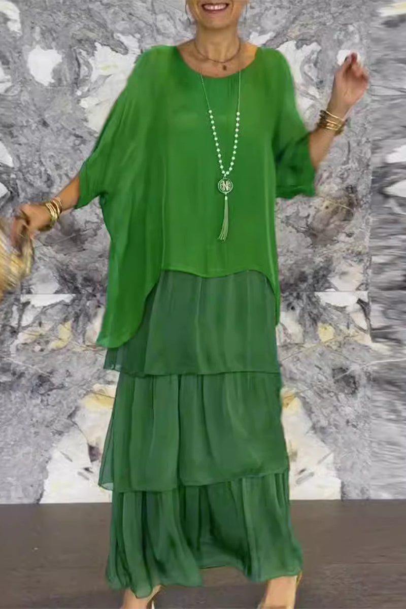Elegantes vestidos irregulares con cuello redondo y volantes en contraste liso