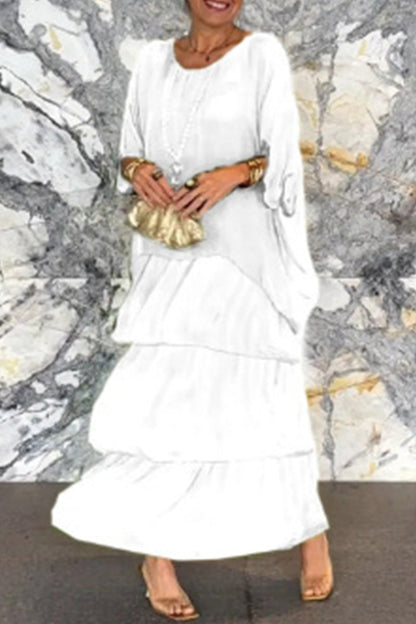Elegantes vestidos irregulares con cuello redondo y volantes en contraste liso