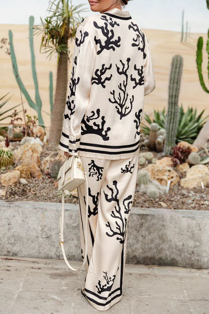 Conjunto informal de dos piezas con cuello vuelto, manga larga y estampado geométrico para vacaciones