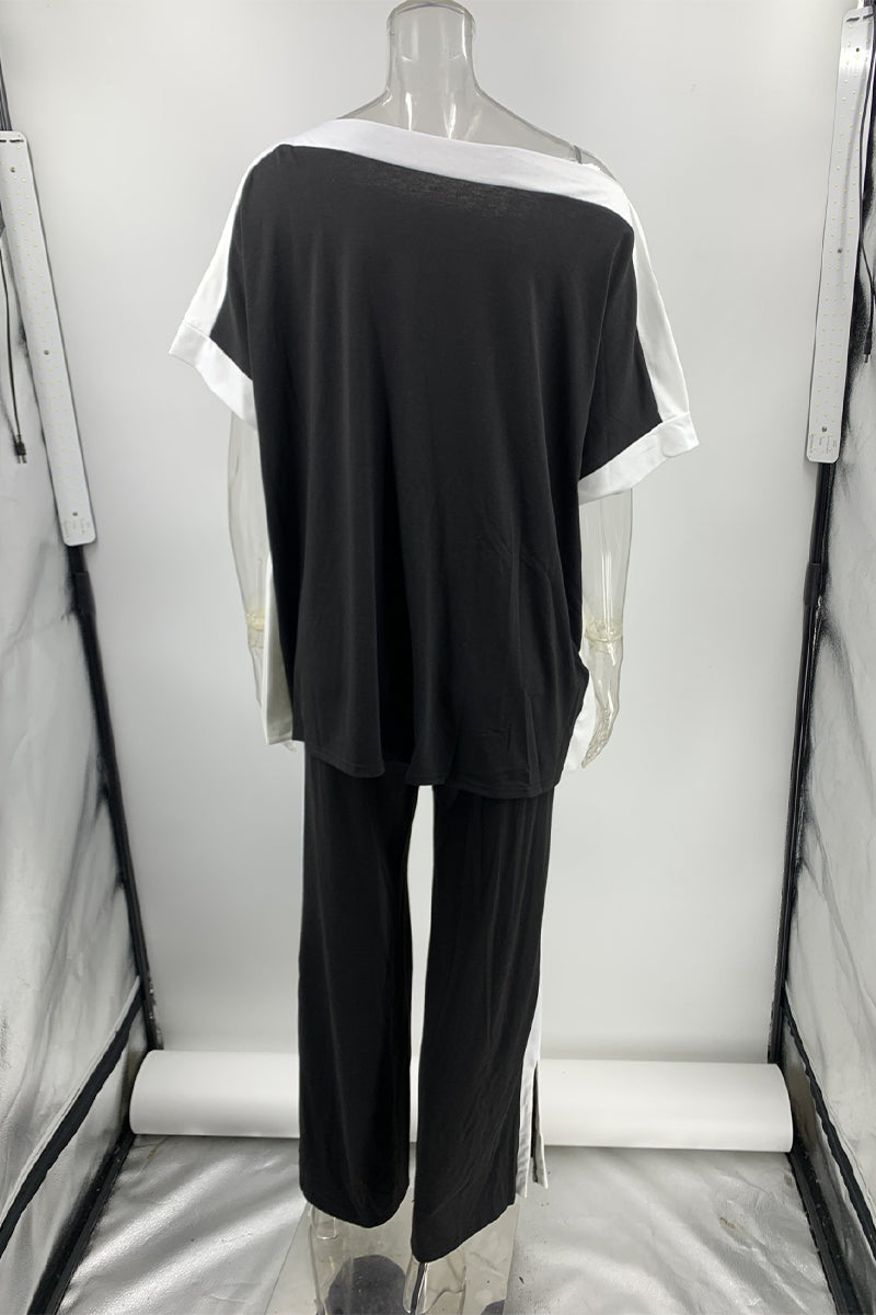 Conjunto de dos piezas informal de rayas con cuello oblicuo y media manga