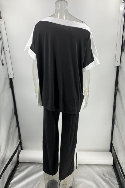 Conjunto de dos piezas informal de rayas con cuello oblicuo y media manga