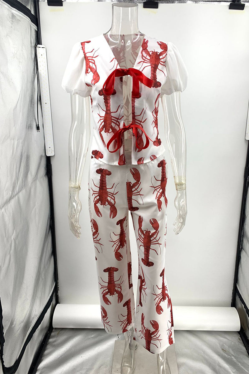 Conjunto de dos piezas con estampado animal, cuello en V, manga corta y lazo