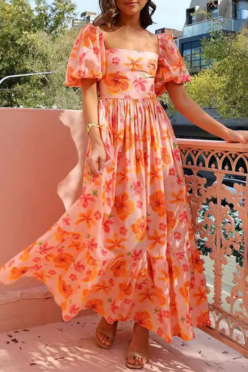 Vestidos elegantes de corte A con cuello cuadrado y estampado de flores