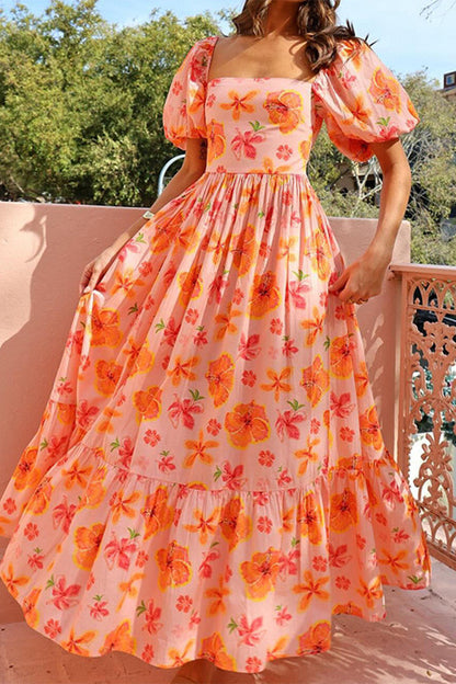 Vestidos elegantes de corte A con cuello cuadrado y estampado de flores