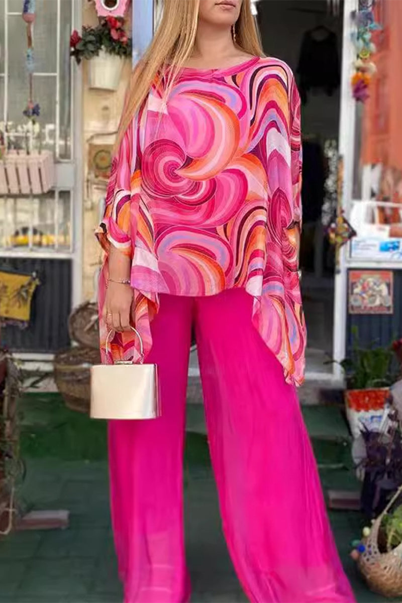 Conjunto informal elegante con estampado degradado y patchwork, cuello redondo, manga larga, dos piezas (7 colores)