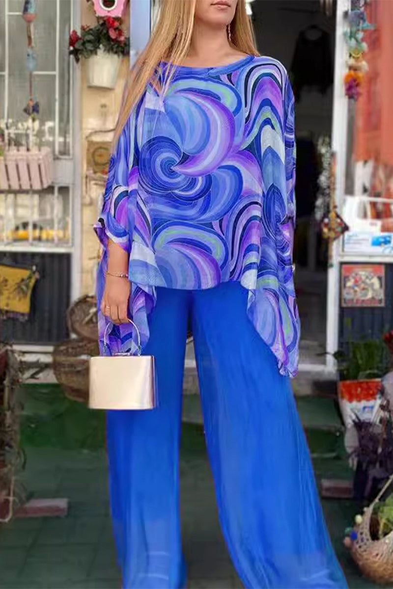 Conjunto informal elegante con estampado degradado y patchwork, cuello redondo, manga larga, dos piezas (7 colores)