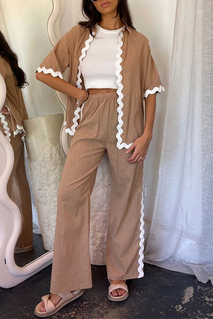Casual Simplicity Solid Ripple Patchwork Boat Neck Long Sleeve Two Pieces