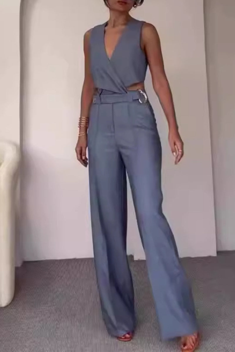 Conjunto informal de dos piezas con cuello en V, sin mangas, botones sólidos, estilo británico