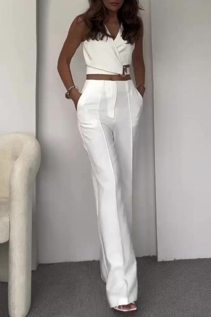 Conjunto informal de dos piezas con cuello en V, sin mangas, botones sólidos, estilo británico