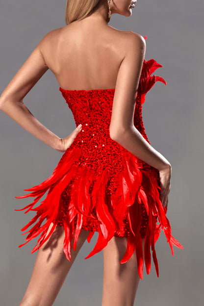 Sexy Solid Sequins Patchwork Feathers Zipper Strapless Wrapped Skirt Dresses