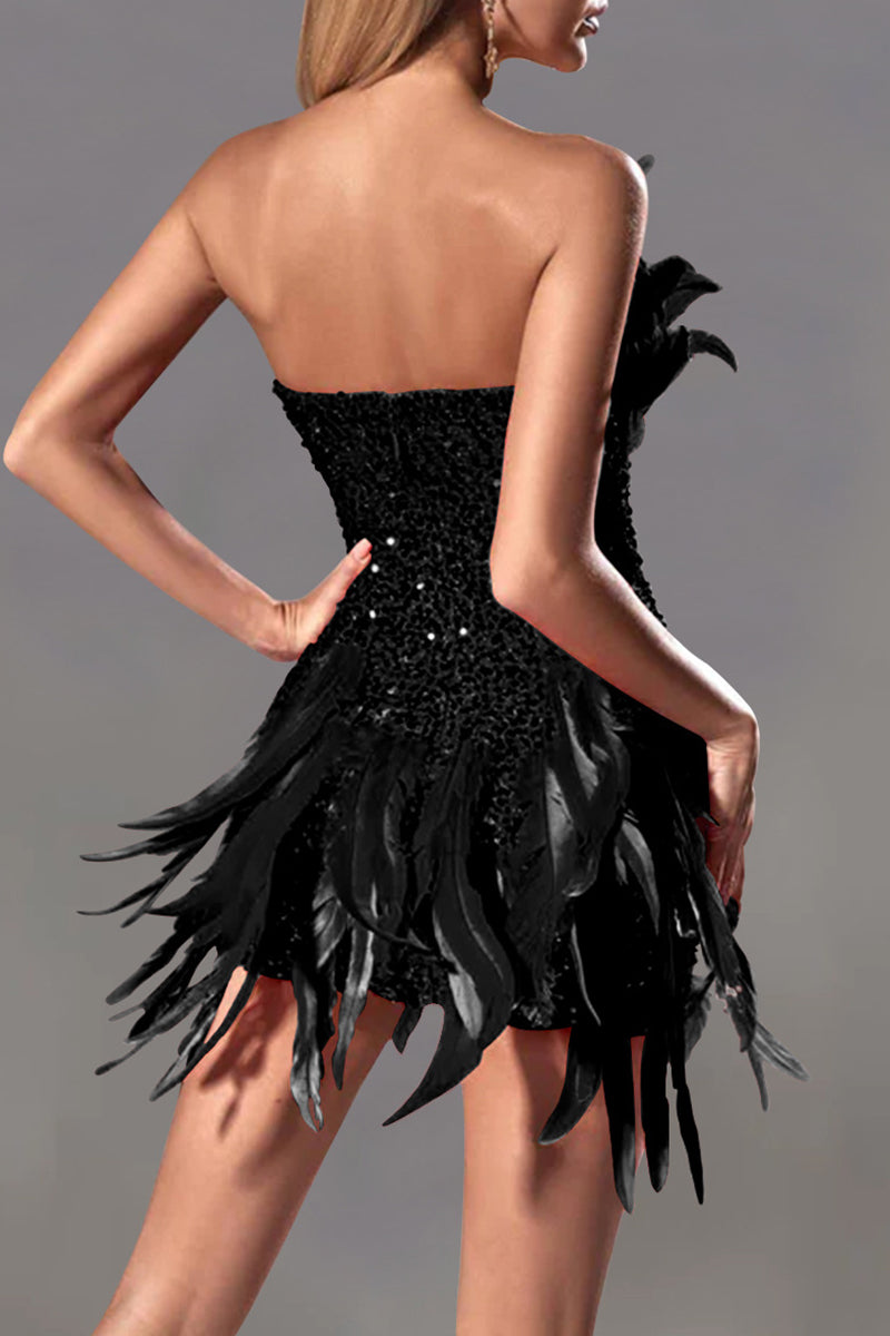 Sexy Solid Sequins Patchwork Feathers Zipper Strapless Wrapped Skirt Dresses