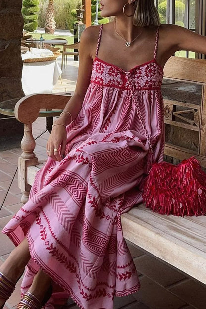 Vestidos sexis de vacaciones con estampado geométrico, patchwork de flores y gancho, cuello en V y tirantes