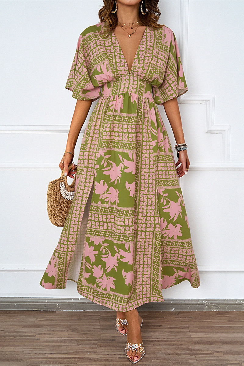 Sexy Floral Slit V Neck A Line Short Sleeve Dress