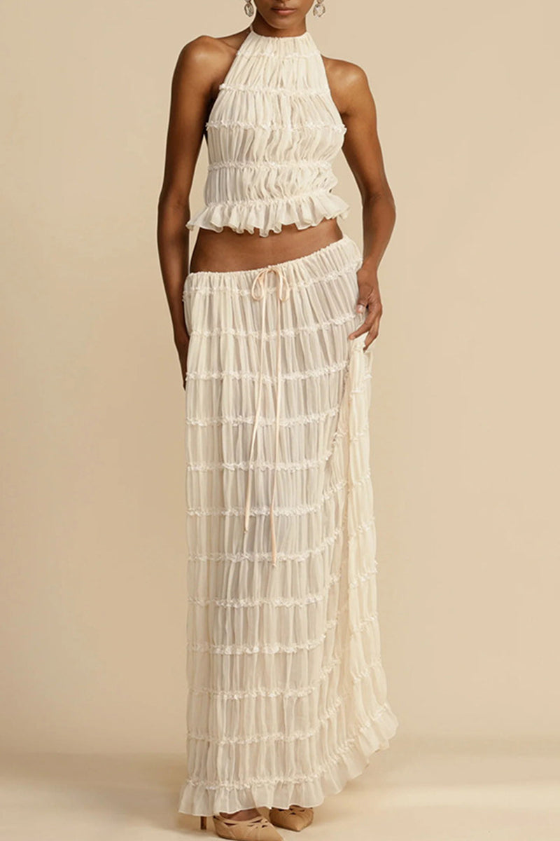 Traje de baño sexy de vacaciones sólido con frenillo transparente, sin espalda, halter, sin mangas, dos piezas
