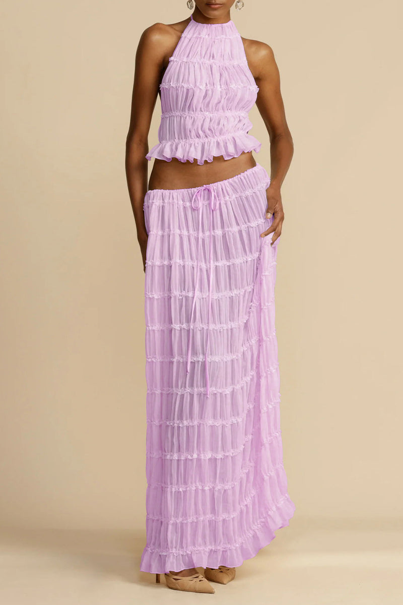 Traje de baño sexy de vacaciones sólido con frenillo transparente, sin espalda, halter, sin mangas, dos piezas