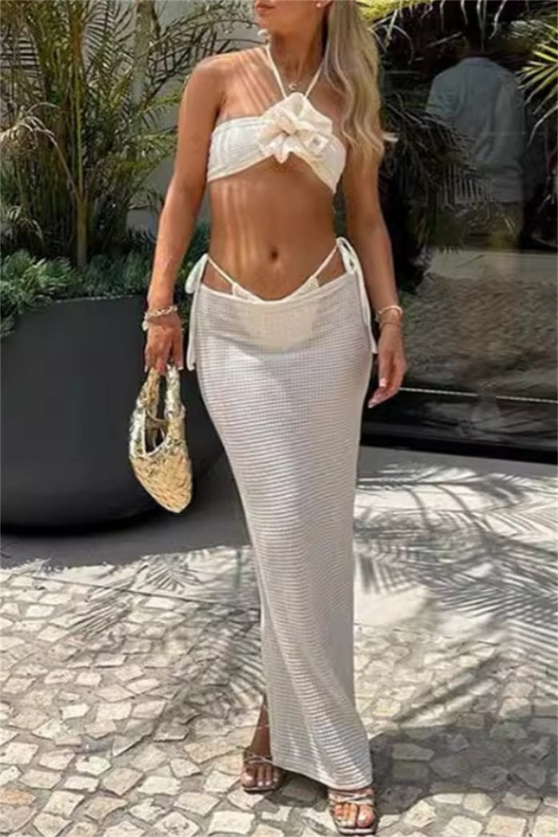Conjunto de tres piezas sexy de vendaje sólido, sin espalda, con abertura y cuello halter, sin mangas