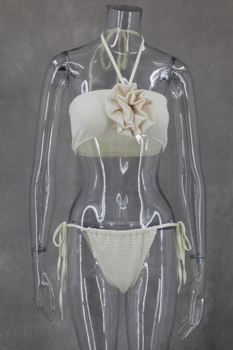 Conjunto de tres piezas sexy de vendaje sólido, sin espalda, con abertura y cuello halter, sin mangas