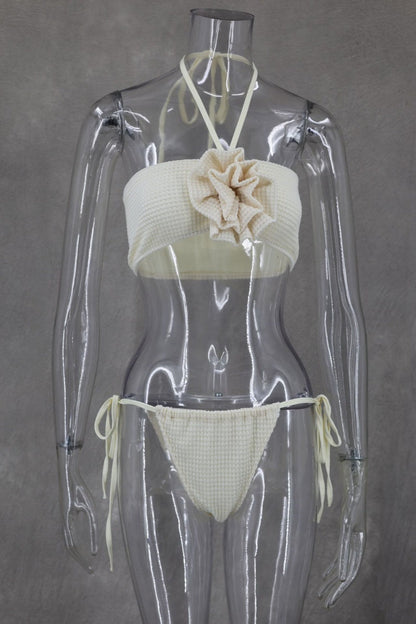 Conjunto de tres piezas sexy de vendaje sólido, sin espalda, con abertura y cuello halter, sin mangas