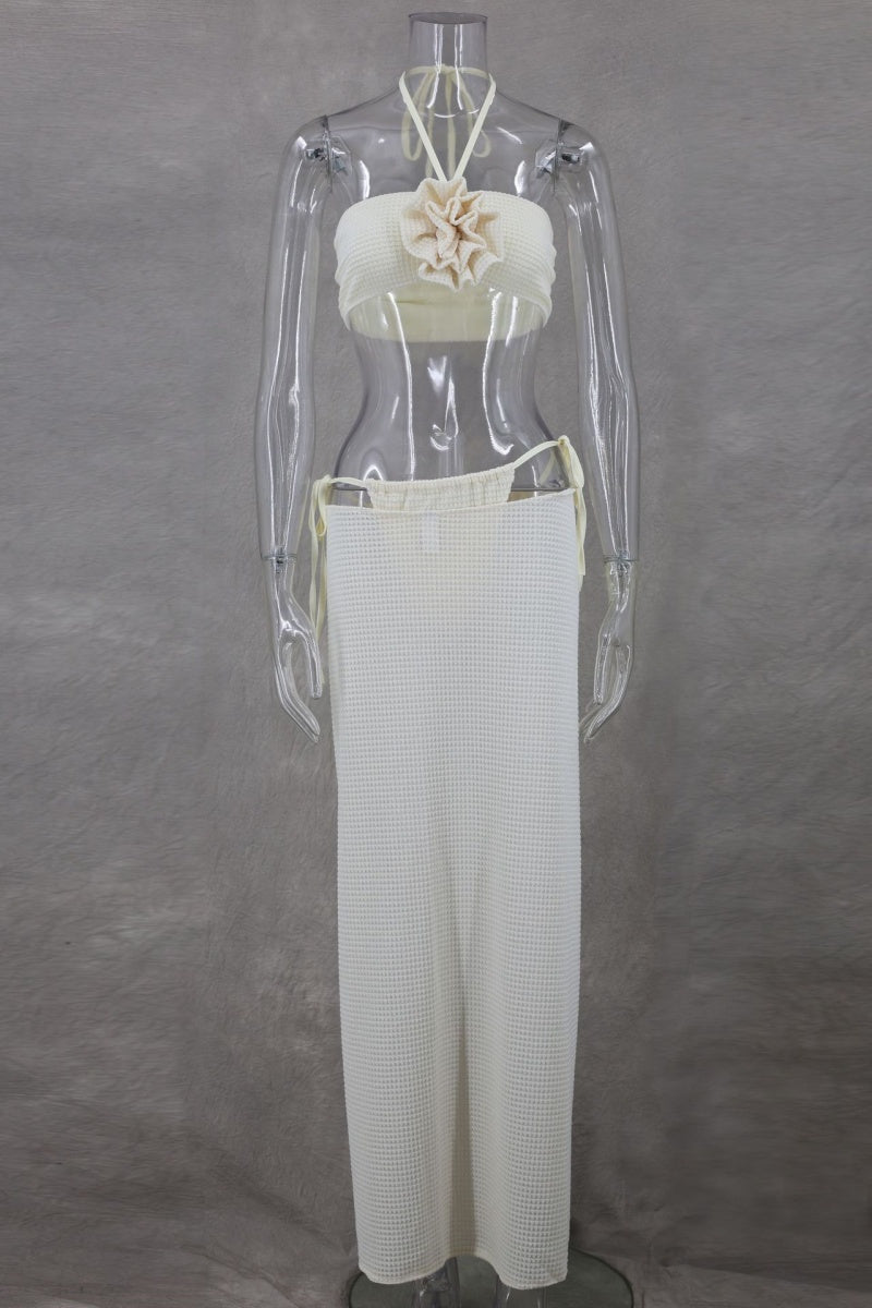 Conjunto de tres piezas sexy de vendaje sólido, sin espalda, con abertura y cuello halter, sin mangas