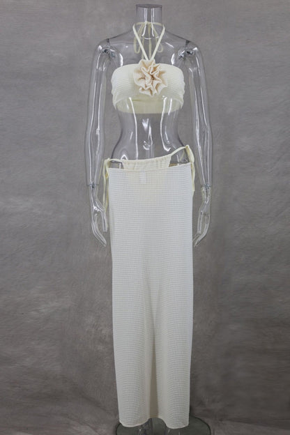 Conjunto de tres piezas sexy de vendaje sólido, sin espalda, con abertura y cuello halter, sin mangas
