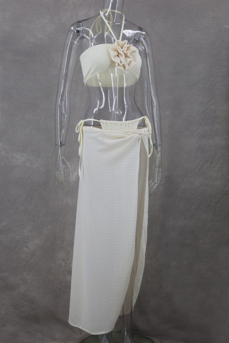 Conjunto de tres piezas sexy de vendaje sólido, sin espalda, con abertura y cuello halter, sin mangas