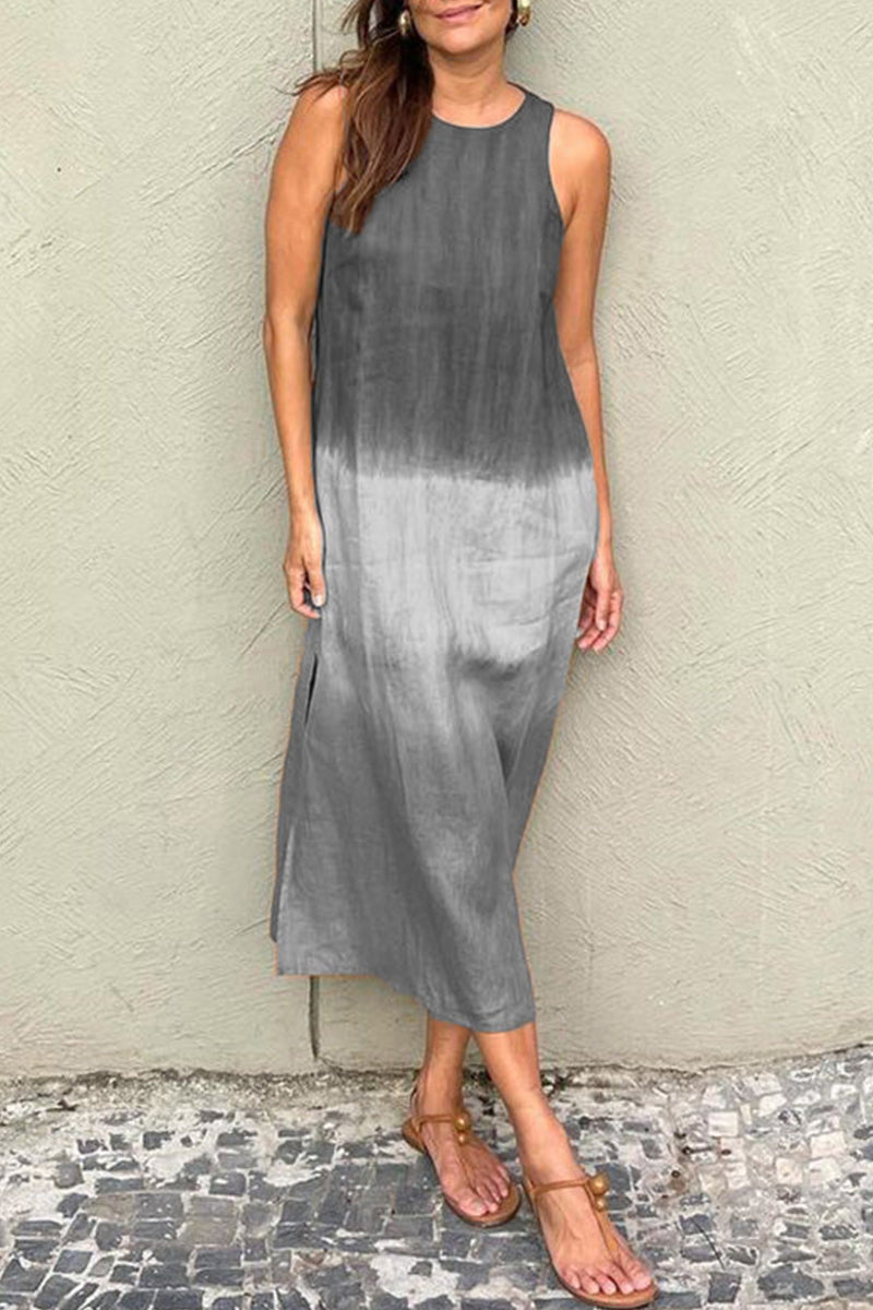 Casual Gradient Print Contrast O Neck Sleeveless Dresses