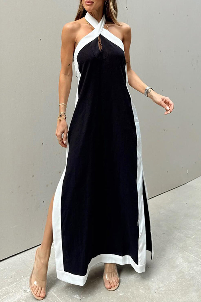 Casual Solid Slit Contrast Halter Sleeveless Dresses