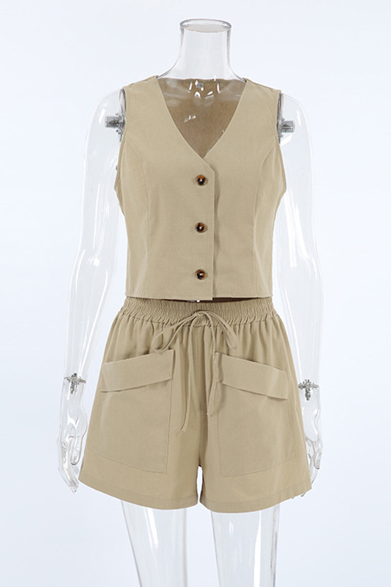 Conjunto informal de dos piezas con cuello en V, sin mangas, bolsillos, botones y estampado liso para uso diario