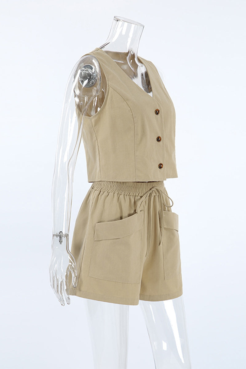 Conjunto informal de dos piezas con cuello en V, sin mangas, bolsillos, botones y estampado liso para uso diario