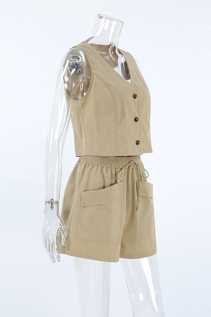 Conjunto informal de dos piezas con cuello en V, sin mangas, bolsillos, botones y estampado liso para uso diario